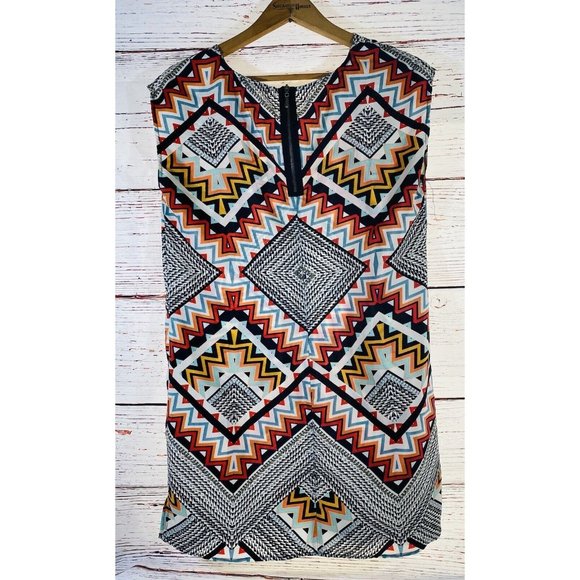 BeBop Dress Womens Large Shift Tunic Aztec Tribal Bold Print Sleeveless Back Zip - Picture 2 of 12